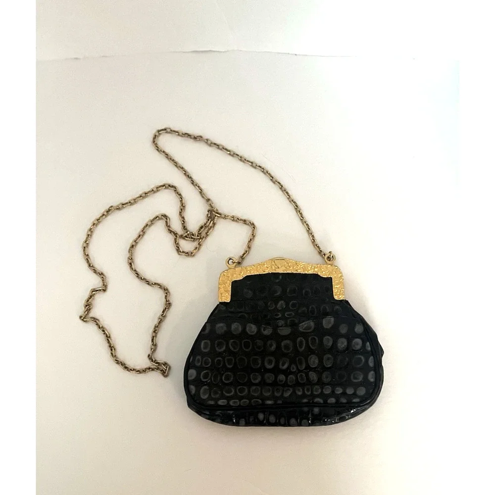 GLEN MILLER FOR ANN TURK EVENING HANDBAG BLACK EMBOSSED LEATHER, EC